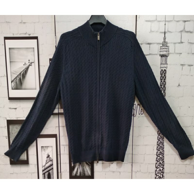 Massimo Dutti 專櫃品牌深藍色100%COTTON織麻花結開襟拉鍊小立領長袖外套