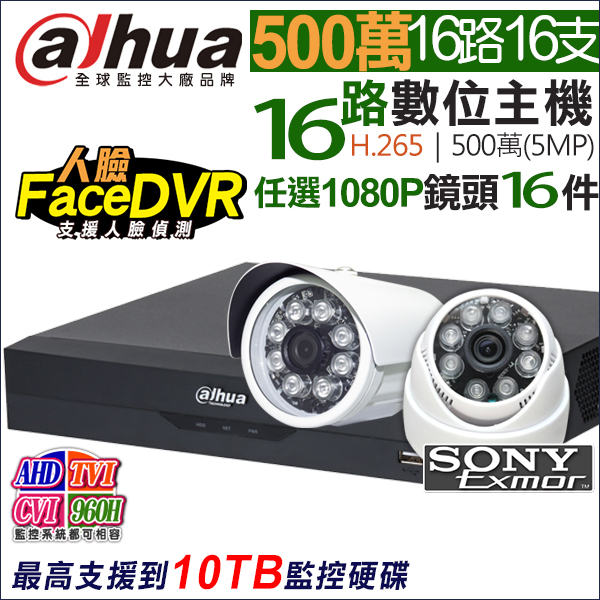 監視器 H.265 大華 16路 CVI AHD 5MP + SONY 1080P 紅外線防水攝影機x16支