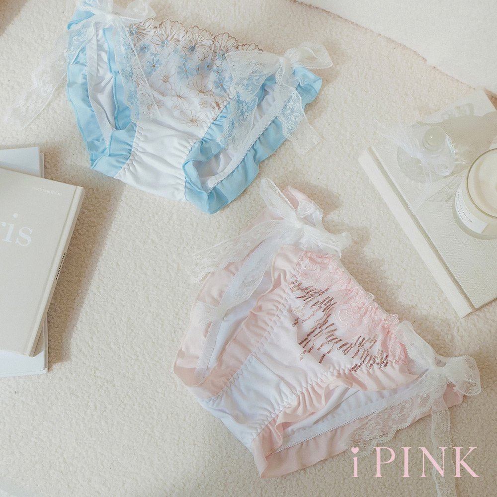 i PINK 私藏花境 刺繡蕾絲綁帶內褲(2色/M-LL)