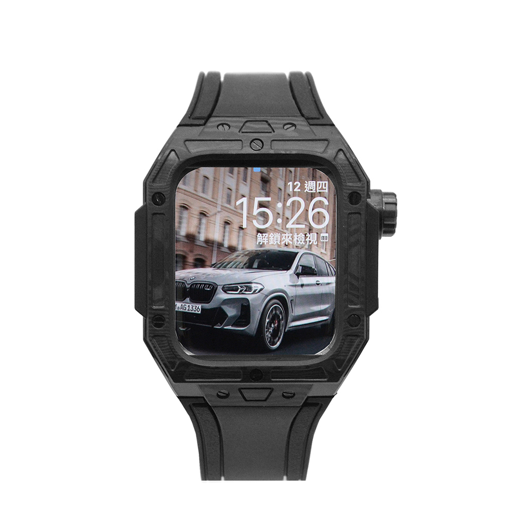 APPLE WATCH 蘋果手錶保護殼 | 超輕量鈦鋼碳纖維殼 / 氟橡膠錶帶-黑色44/45mm通用 現貨
