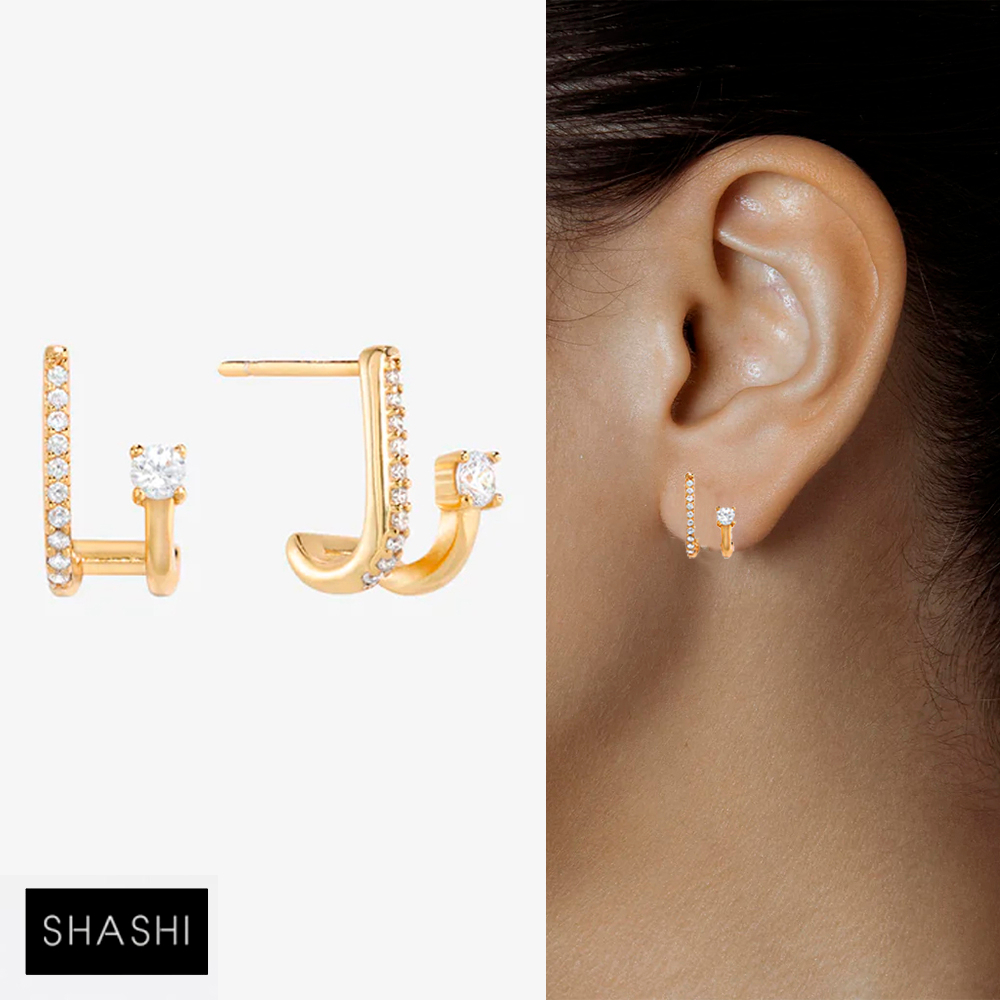 SHASHI 紐約品牌 AVA 單鑽耳環 C型鑲鑽小圓耳環 雙層金色耳環