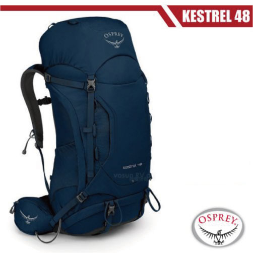 【美國 OSPREY】輕量健行登山背包(M/L) Kestrel 48L(3D立體網背/附防水背包套+水袋隔間)_湖泊藍
