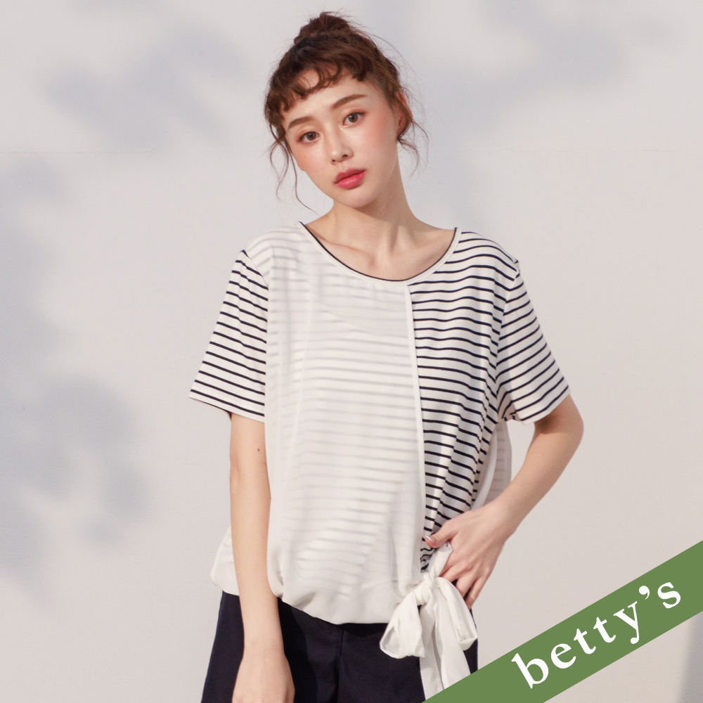 betty’s貝蒂思(21)雪紡綁帶拼接條紋上衣(白色)