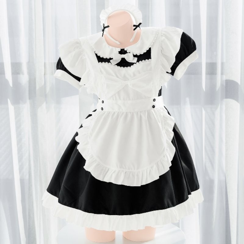 女僕女傭僕人黑白套裝可愛蝴蝶結甜美荷葉邊圍裙制服洋裝短裙Maidメイド