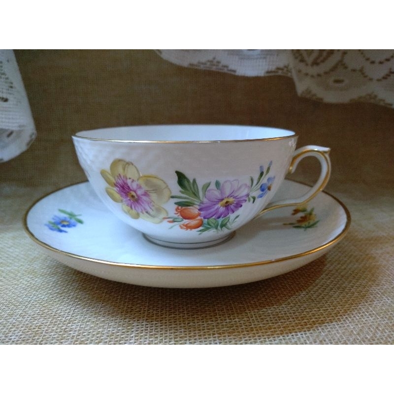 約1940s 稀有款 皇家哥本哈根 Royal Copenhagen 瓷器/手繪 花卉 金邊/大茶杯杯盤組