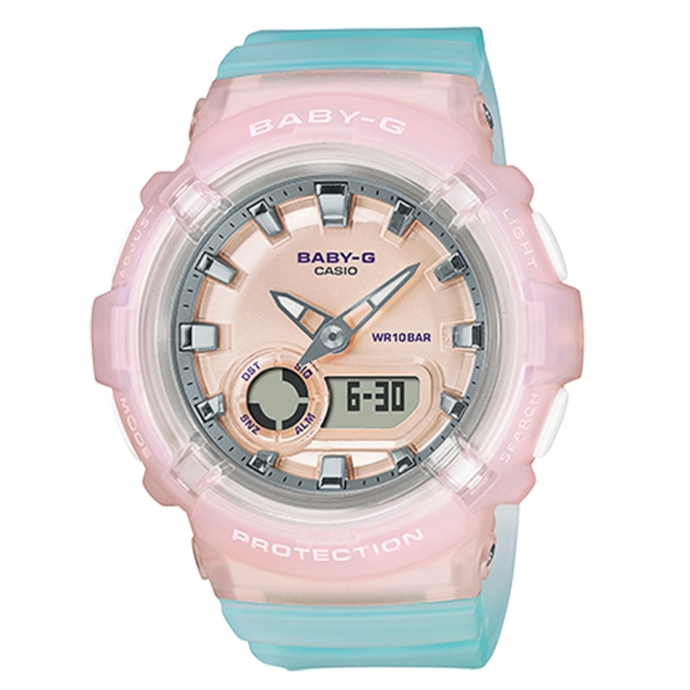 CASIO 卡西歐 BABY-G LA街頭設計 半透明雙顯手錶-淺粉x湖水藍 BGA-280-4A3