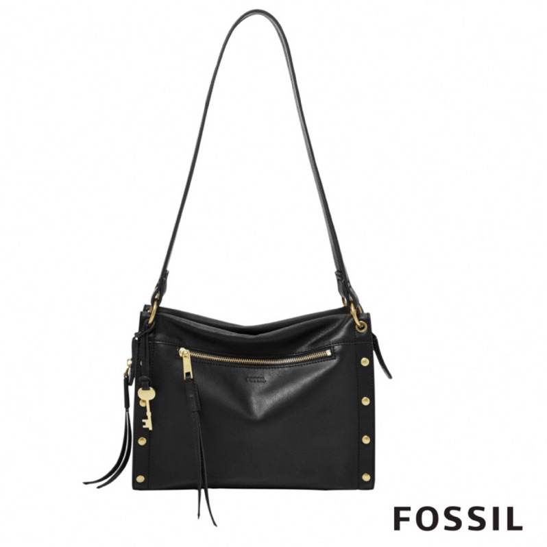 FOSSIL-Allie個性鉚釘手提肩黑色真皮側背包