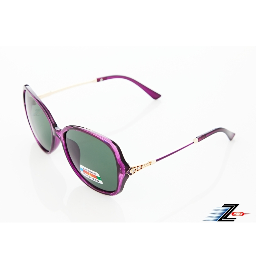 【Z-POLS】名牌風格氣質紫搭時尚圖騰水鑽邊框 墨綠Polarized寶麗來偏光抗UV400太陽眼鏡(時尚有型好穿搭)