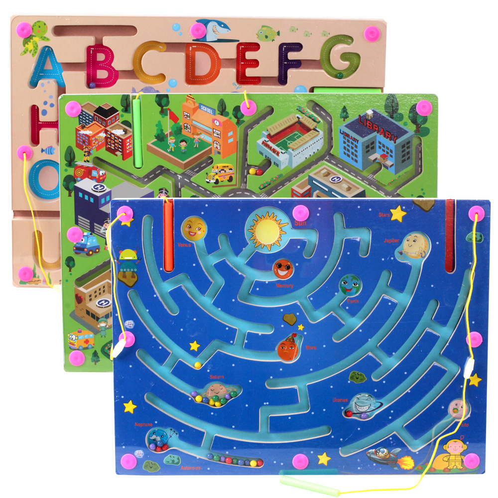 QZM 磁性運筆迷宮走珠玩具 / 城市交通九大行星字母迷宮遊戲 / 兒童木製玩具 玩具與遊戲桌遊/ 國王皇后母嬰用品玩具