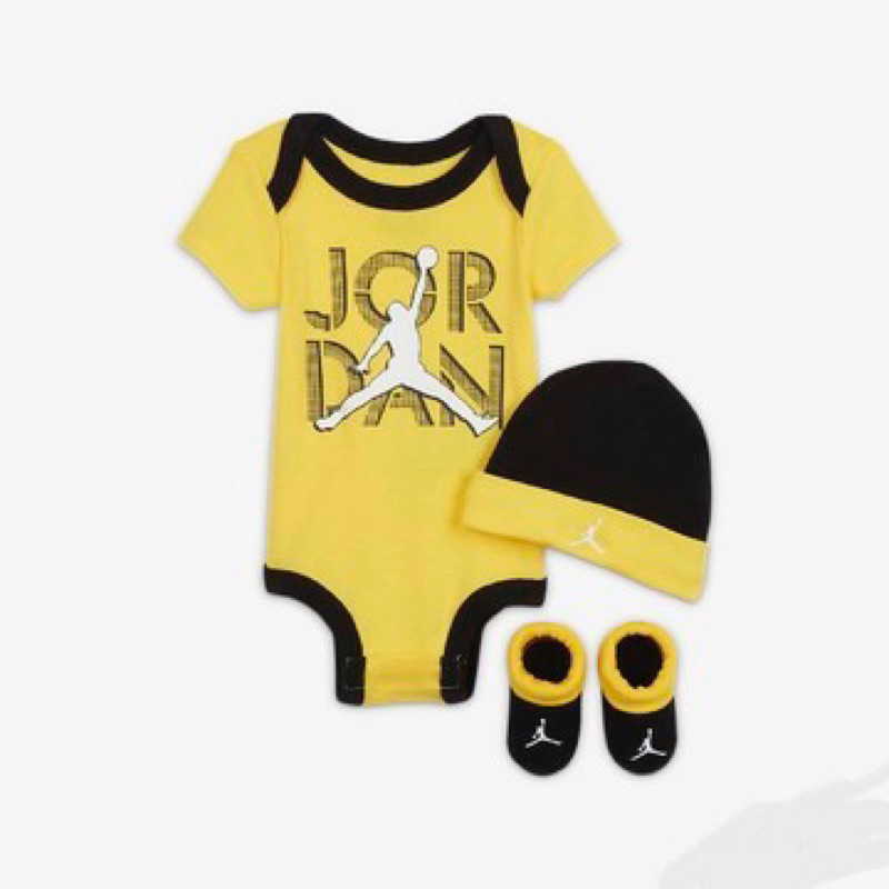 Nike Jordan 喬丹 嬰兒包屁衣 黑白黃藍爬爬服禮盒3件套彌月禮盒 帽子 襪子 短袖包皮衣 0~6 6~12個月