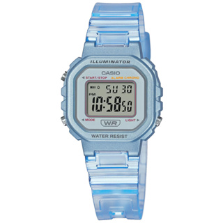 CASIO 卡西歐 / 輕薄方形 LED 計時 鬧鈴 橡膠手錶 半透明藍色 / LA-20WHS-2A / 29mm
