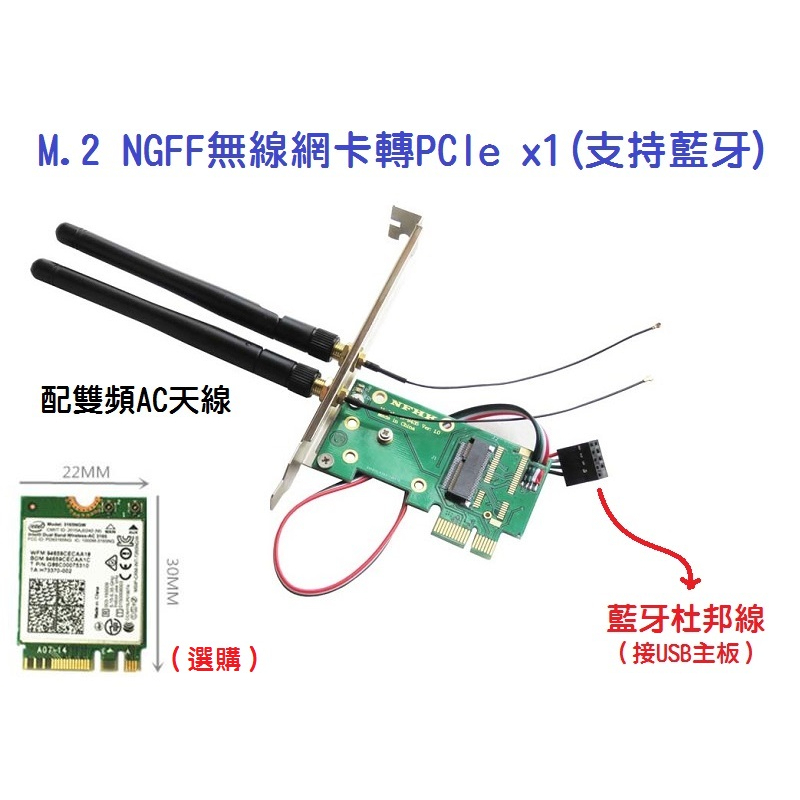 【全新現貨】NGFF M.2轉PCIE x1 無線網卡轉接卡 WIFI 支持藍牙 含6Dbi雙頻天線 A+E KEY