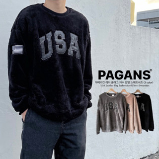 【PAGANS STORE】韓國 USA 皮革 刺繡 國旗 標誌 絨毛 保暖 毛衣 長袖 大學Tee (3 color)