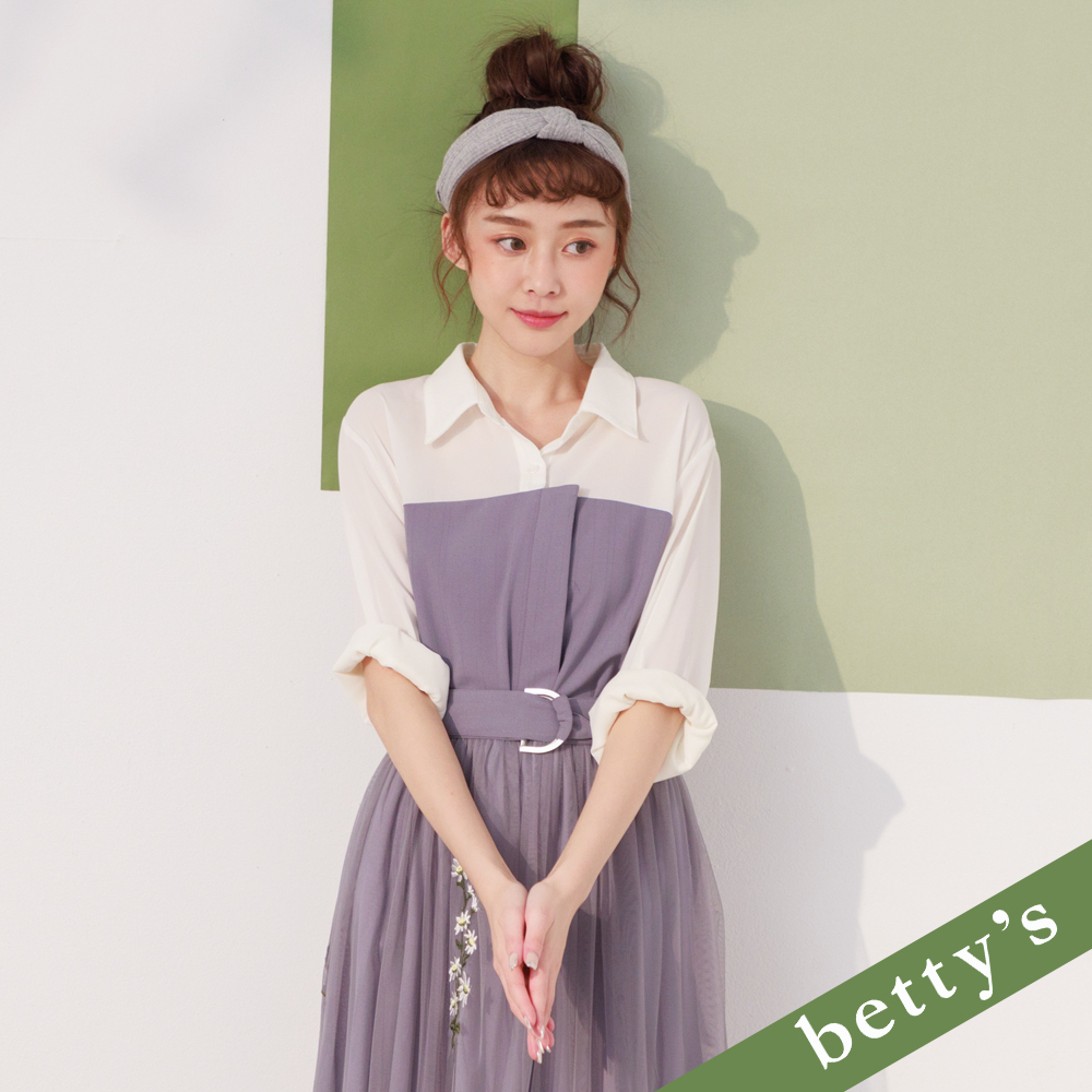 betty’s貝蒂思(21)拼接布腰帶雪紡襯衫(灰色)