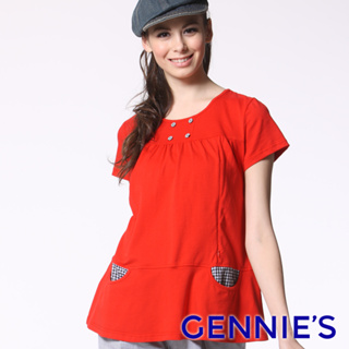 【Gennies 奇妮】俏皮公主格紋口袋哺乳上衣-深紅/深藍/淺咖(GNA40)
