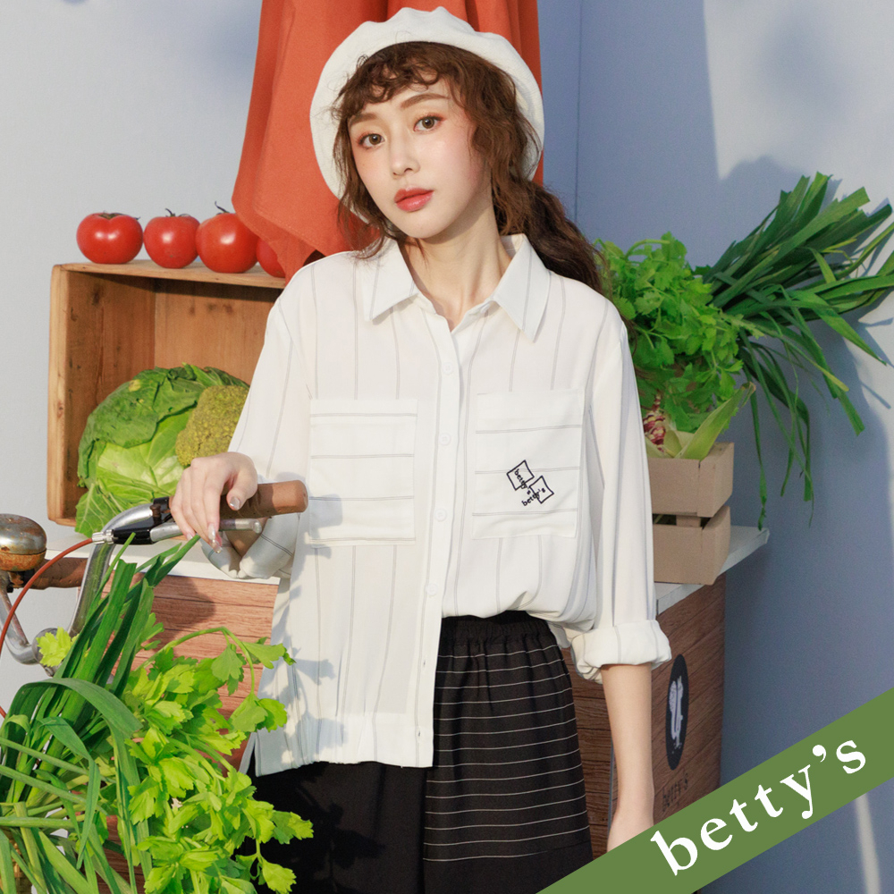betty’s貝蒂思(21)細條紋口袋繡花雪紡襯衫(白色)