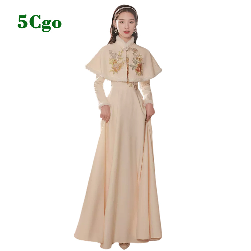 5Cgo【鴿樓】中式伴娘服簡約氣質修身顯瘦冬季長袖香檳色婚禮姐妹團禮服裙女加厚款小眾t661126570851