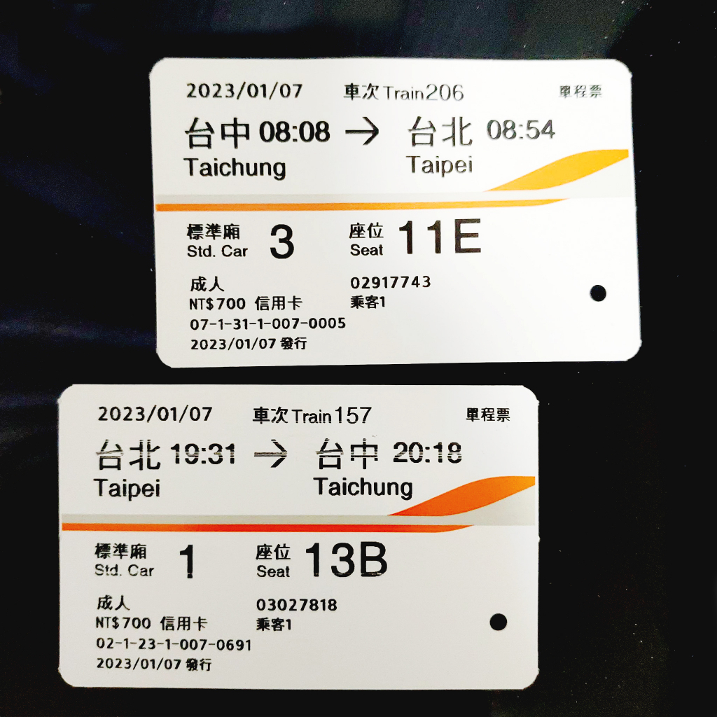 2023/1/7台中台北來回高鐵車票，補班日車票，台北台中高鐵車票，高鐵票根，0107高鐵，1月7日高鐵，已使用車票