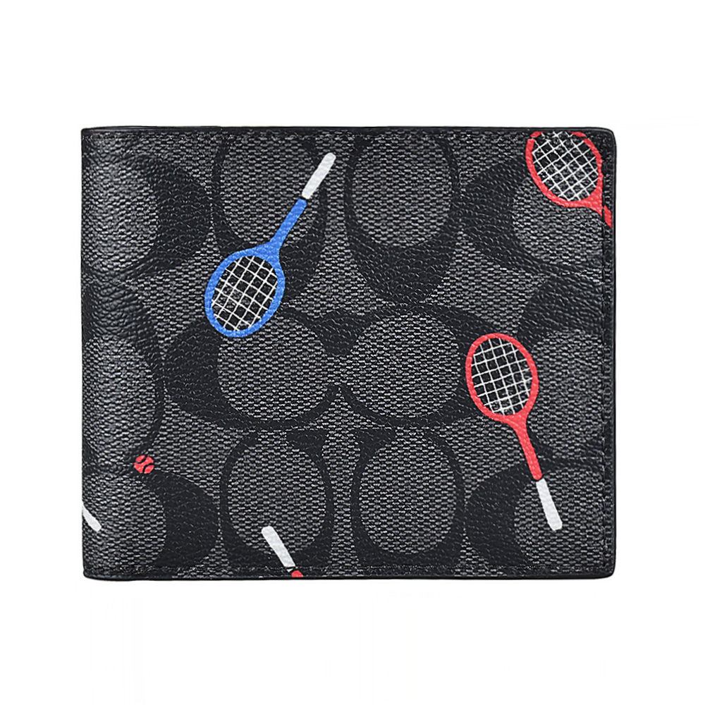 COACH 壓印LOGO藍紅網球拍設計印花PVC 6卡對折短夾(炭黑)
