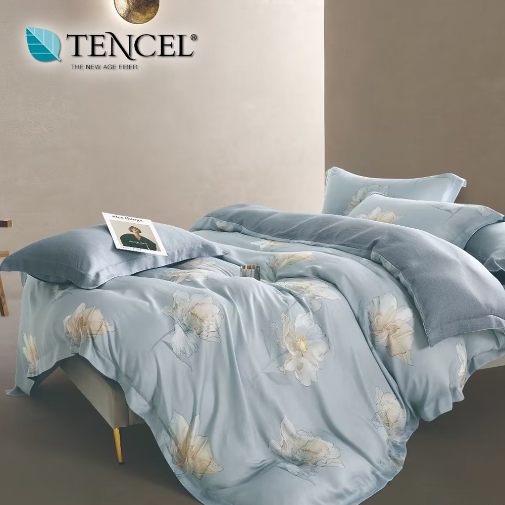 40支100%純天絲TENCEL【單人 雙人 加大 特大組合】規格可選  35公分  床包四件組 床罩七件組 淡墨藍