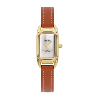 COACH | Cadie系列 經典小馬車Logo 橘棕色皮革錶帶 方型腕錶 / 金x橘 14504029