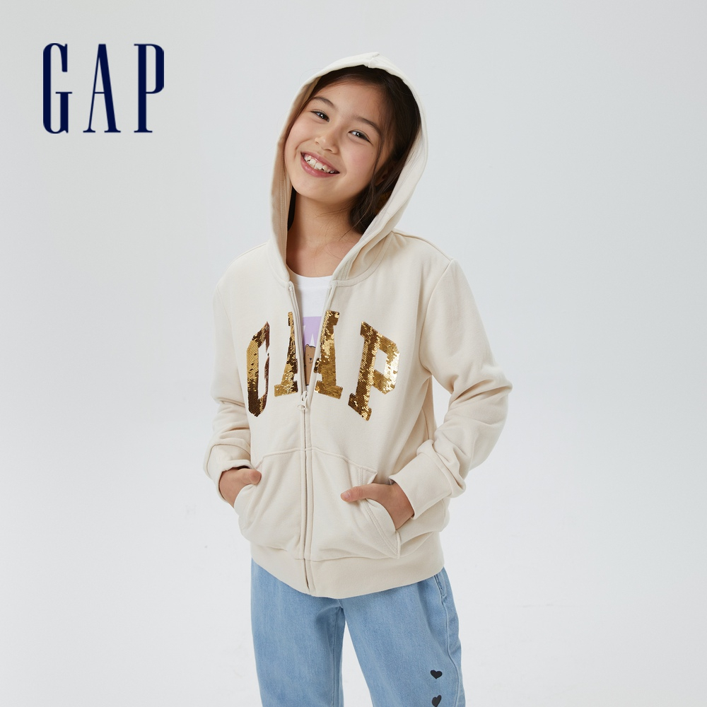 Gap 女童裝 Logo亮片連帽外套 碳素軟磨法式圈織系列-米色(635069)