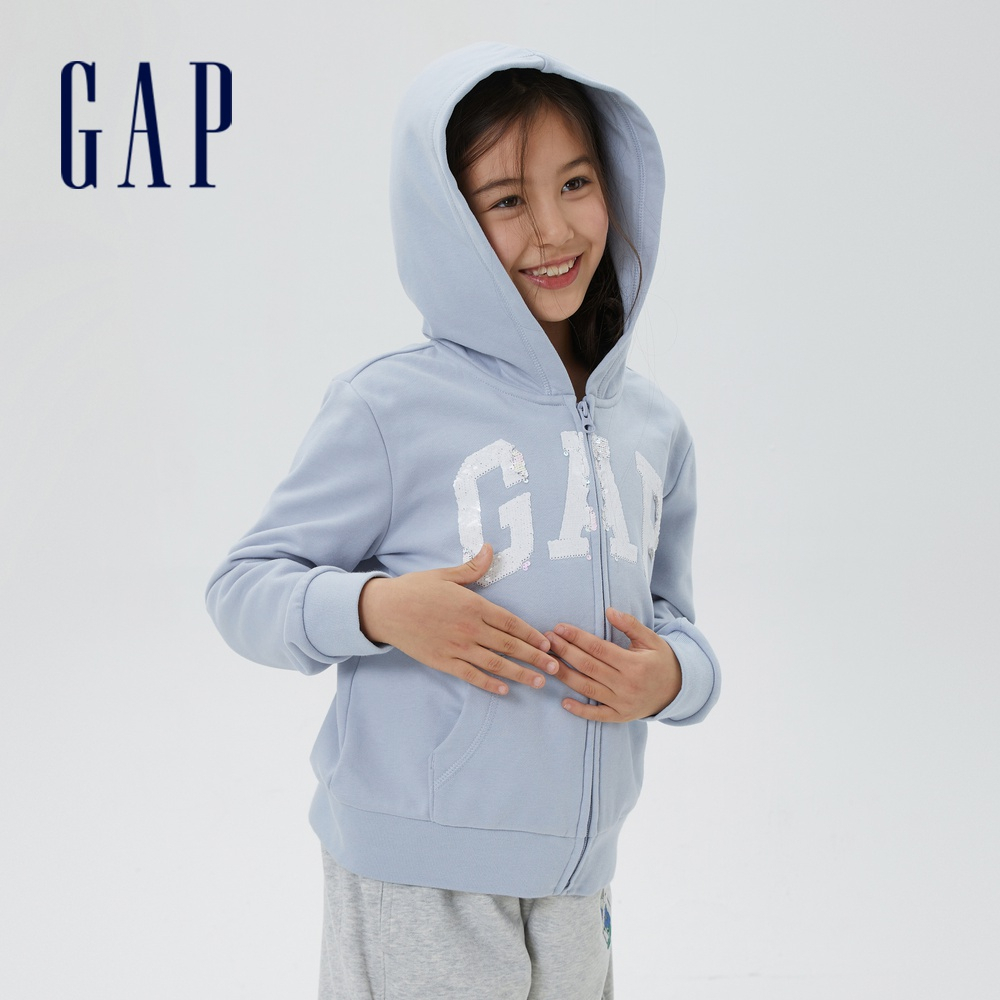 Gap 女童裝 Logo亮片連帽外套 碳素軟磨法式圈織系列-冰藍色(635069)