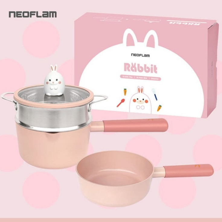 NEOFLAM 小兔系列鑄造鍋具四件組(單柄湯鍋+蒸籠+小炒鍋+玻璃蓋16公分) 全新 NEOFLAM 小兔 鑄造鍋具