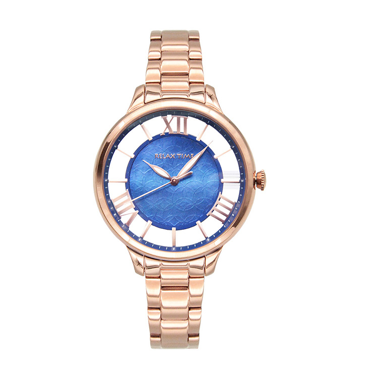 Relax Time 晨曦之光系列 玫瑰金框 藍色貝殼面 立體鏤空刻度 不鏽鋼錶帶 腕錶 手錶 女錶(RT-82-5)