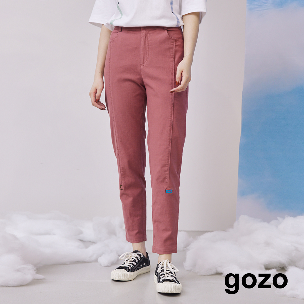 【gozo】➤小繡花輕磨毛彈性合身褲(紅色/淺卡其_S/M/L) | 女裝 修身 百搭