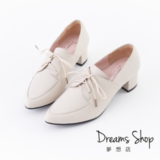 DREAMS SHOP 寬楦氣墊_簡約綁帶尖頭低跟德比鞋 米色【PW926】大尺碼女鞋37-45