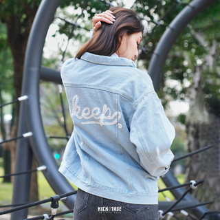 #KEEP DENIM JACKET 淺藍 標語 閃電微笑 破壞 抓破 經典 丹寧外套 牛仔外套【KS149】