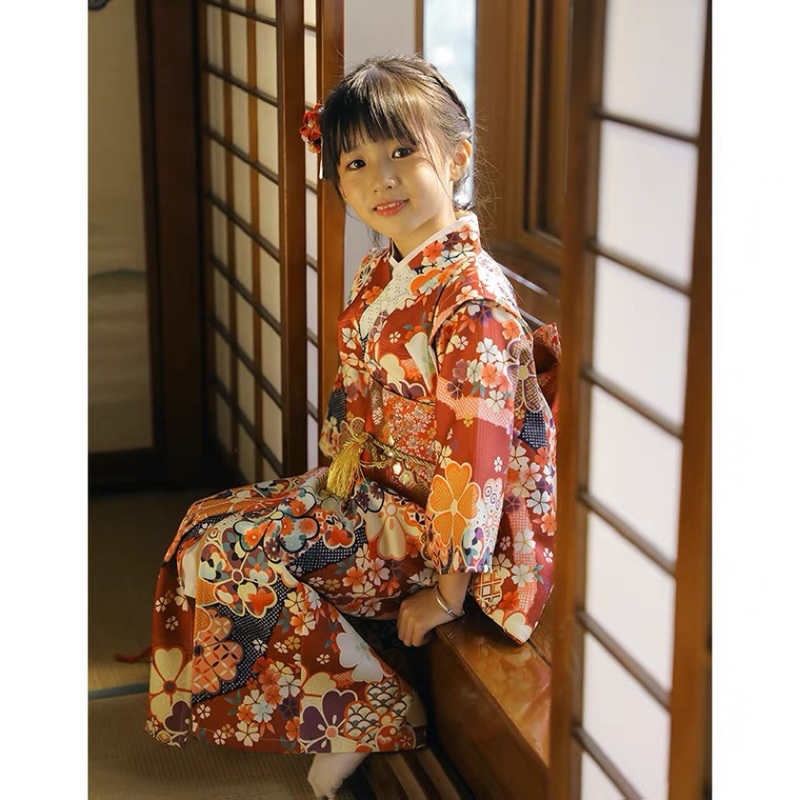 E 小紅櫻花日本兒童和服日式浴衣女童連衣裙演出服