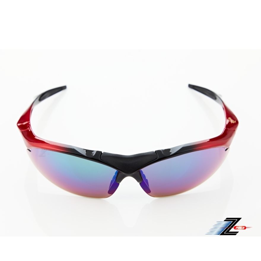 【Z-POLS】頂級TR90輕量材質黑紅漸層色 搭載PC強化電鍍綠運動太陽眼鏡(抗UV400抗烈陽多功能輕量運動眼鏡)