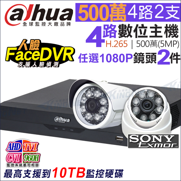 監視器 H.265 大華 4路 CVI AHD 5MP DVR + SONY 1080P 紅外線防水攝影機x2支