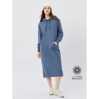 二手 GAP 女裝|碳素軟磨 法式圈織系列 運動連帽長袖洋裝 M 灰藍色