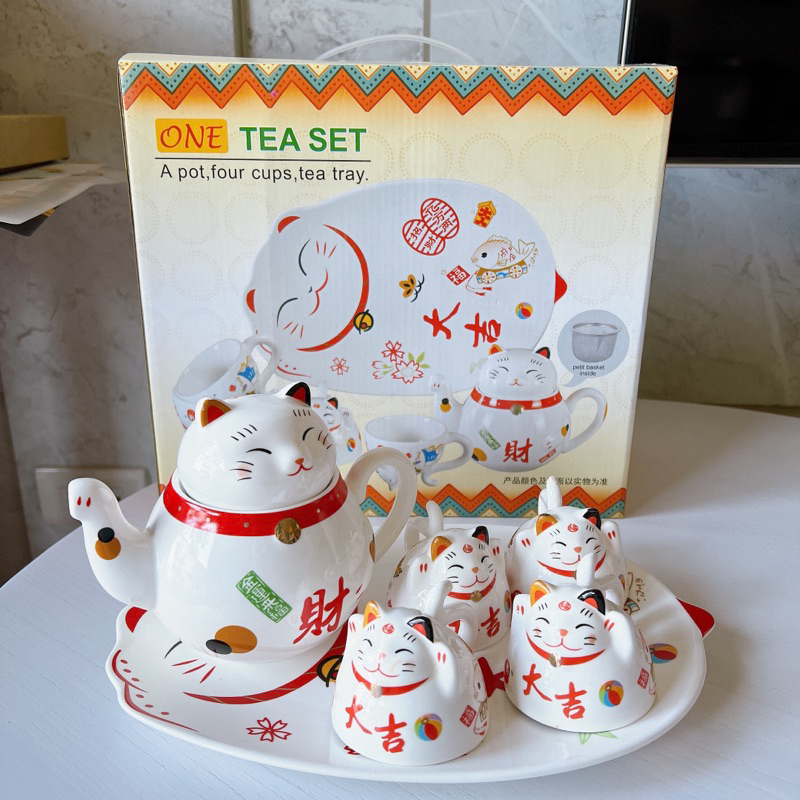 全新 招財貓茶壺組 含托盤 大吉 財 過年使用 喜氣茶壺組 新年 茶壺 托盤 茶杯