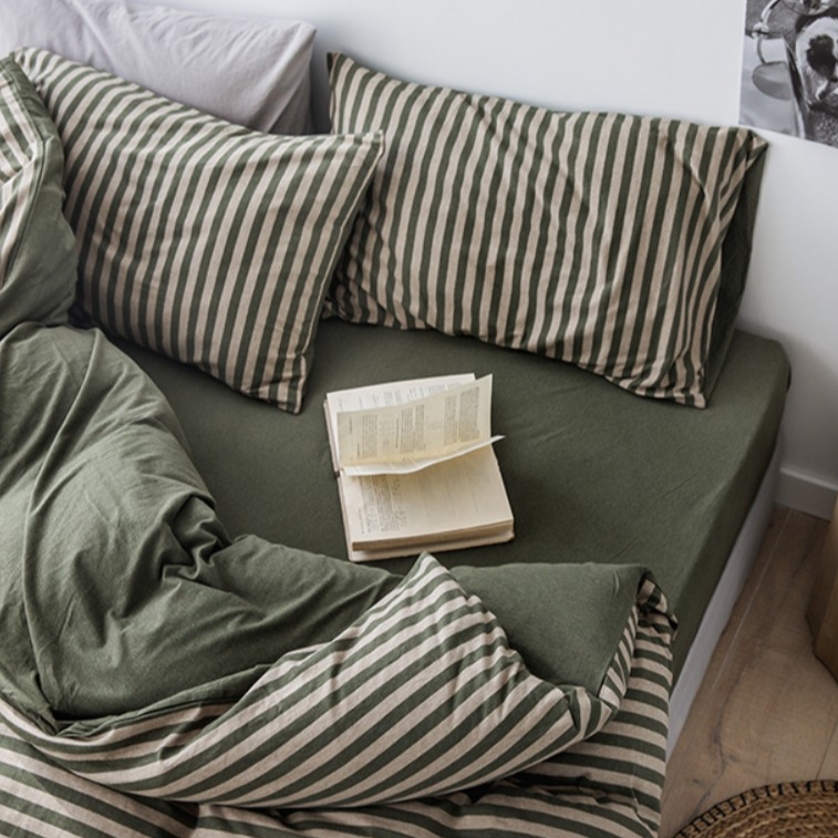 生活空間 天竺棉 墨綠色條紋床包組 單人/雙人/加大雙人 枕套/被套/床包