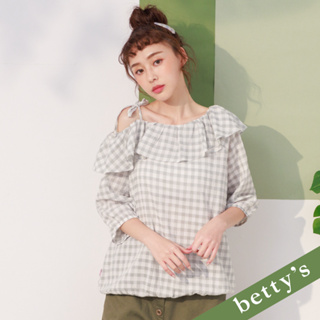 betty’s貝蒂思(21)荷葉領露肩格子雪紡上衣(淺綠)