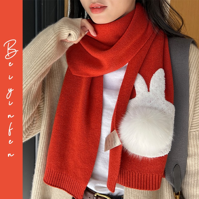 新年禮物 脖圍巾 紅圍巾 大圍巾 兔子圍巾 羊毛圍巾 新年限定羊毛混紡wool紅色圍巾女冬季可愛兔子圍脖 交換禮物