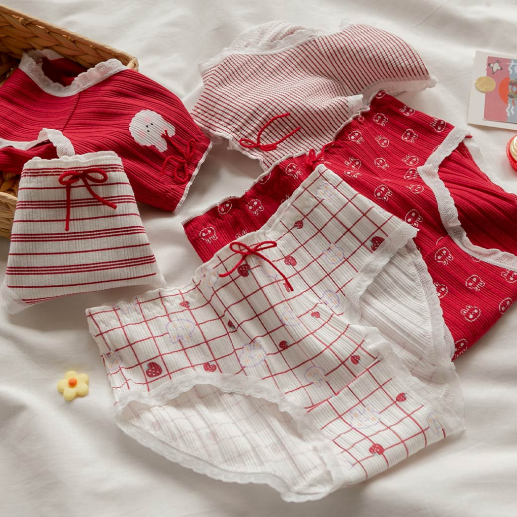 MUMU【B02289-2】可可愛愛草莓萌兔木耳邊純棉內褲 蕾絲內褲 女生內褲 三角內褲 流行內褲 透氣內褲 棉內褲