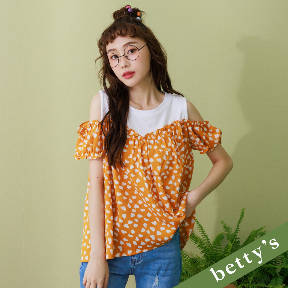 betty’s貝蒂思(21)愛心碎花抽皺露肩上衣(桔黃色)