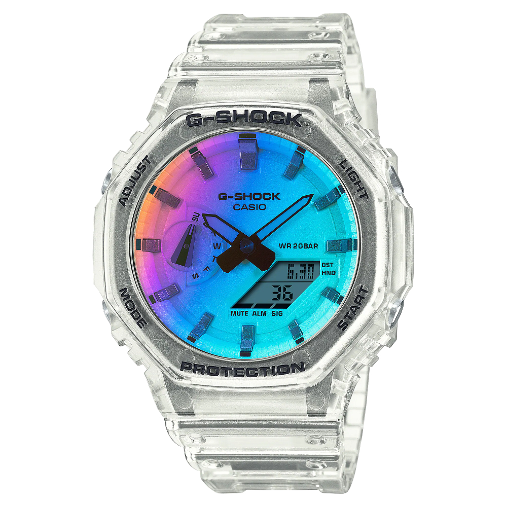 [幸福時刻]G-SHOCK 經典型號GA-2100八角的錶殼設計，彩虹玻璃漸變炫彩錶面GA-2100SRS-7A