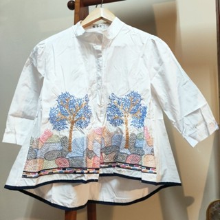 二手 立體重工刺繡立領設計感文青襯衫 植物圖案