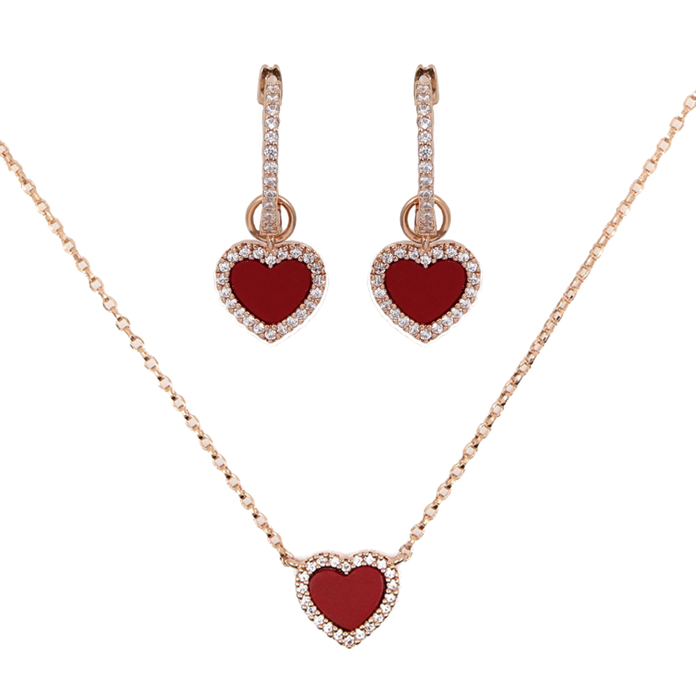 apm MONACO法國精品珠寶 閃耀鑲鋯紅色愛心玫瑰金項鍊 耳環組