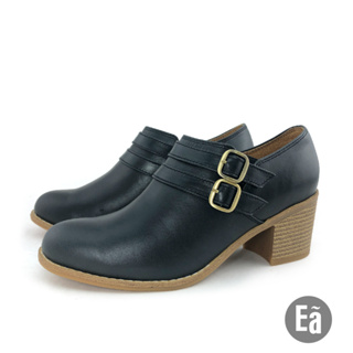 Ea專櫃女鞋 零碼鞋38瑪 小文青 真皮素色6.5公分高跟深口鞋踝靴(黑色)