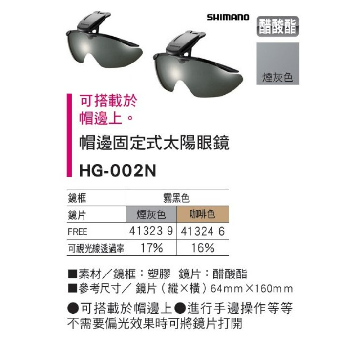 全新正品 公司貨 SHIMANO HG-002N 夾帽偏光鏡 帽沿夾式太陽眼鏡