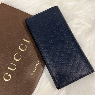 【哈極品】二手品《GUCCI 深藍色 全皮壓紋 對開滿版雙G長夾/皮夾》