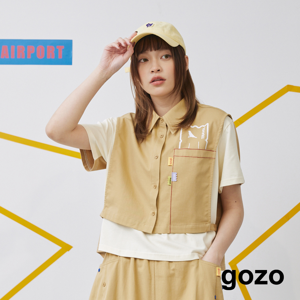 【gozo】飛鳥機票側簍空襯衫式背心(卡其/綠色_F) | 女裝 暢銷 百搭