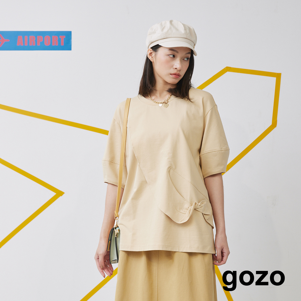 【gozo】扭結小澎袖寬鬆落肩T恤(粉色/淺卡其_F) | 女裝 圓領 休閒